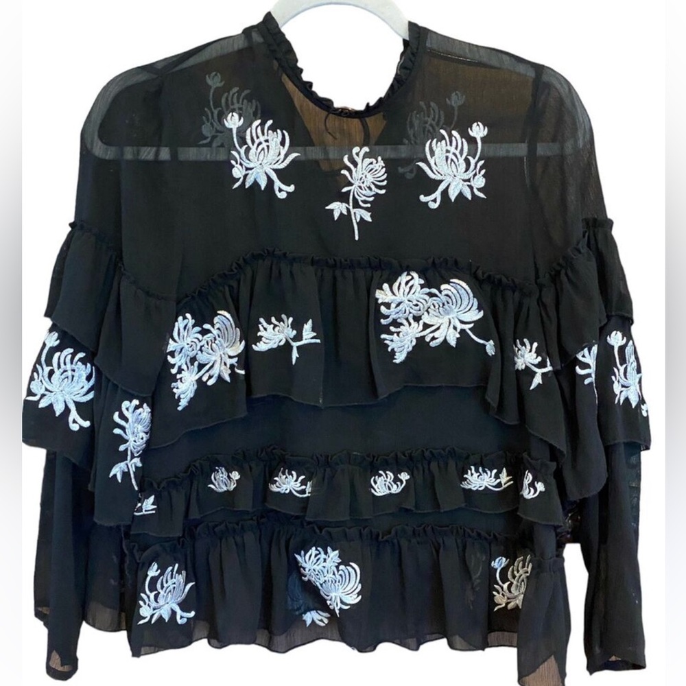 Black Blouse with White Floral Embroidery